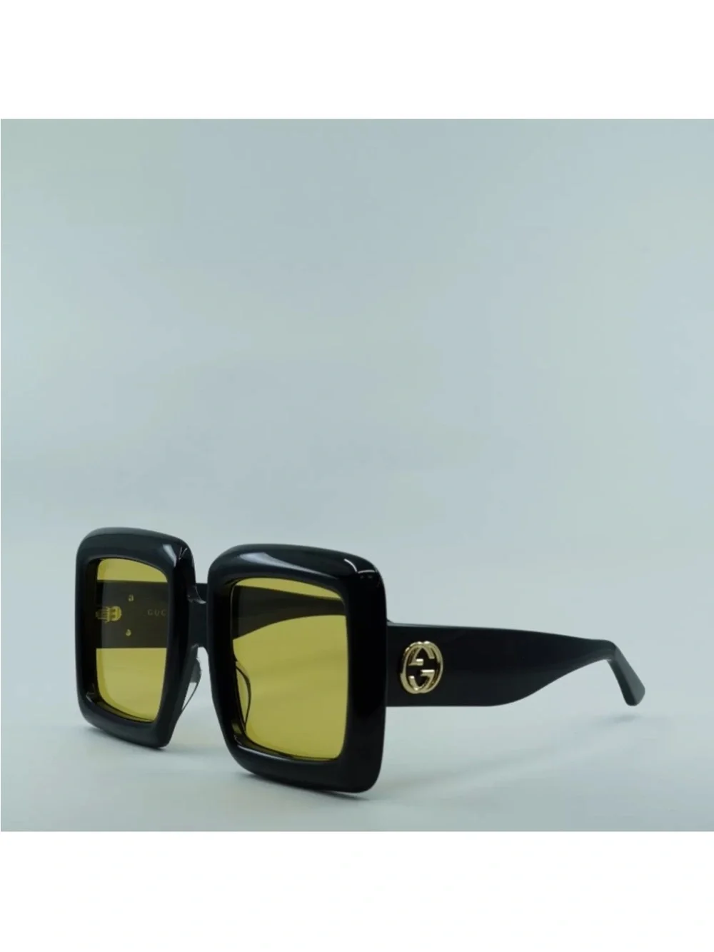 Gucci Black Frame Oversized Yellow Lens Square Sunglasses with Gold GG Accent
